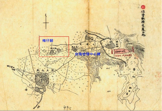 圖四 埔里練兵場位置，與台灣地理中心碑距離不遠。（明治41年7月3日台經營第608號）