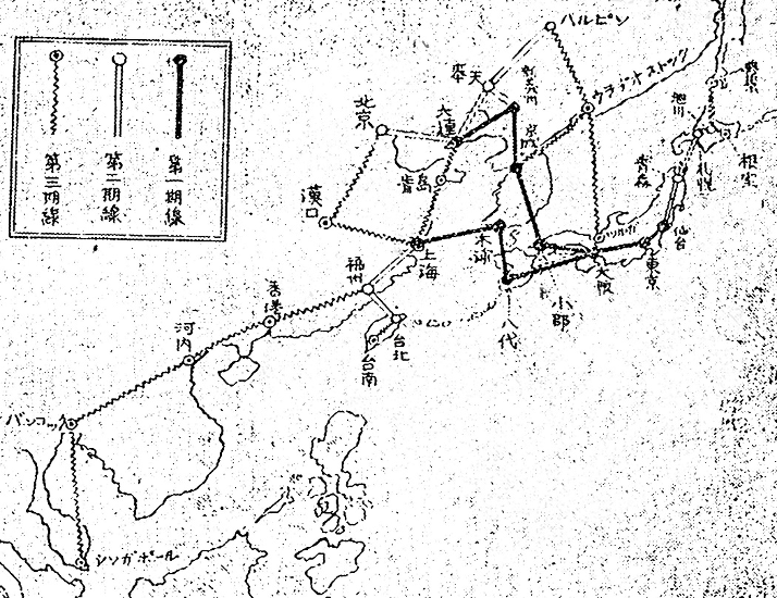 圖四 1925年日本遞信省規劃的國際航線計畫圖，已經向南延伸到曼谷。（原圖刊於1925年10月25日《時事新聞》。）