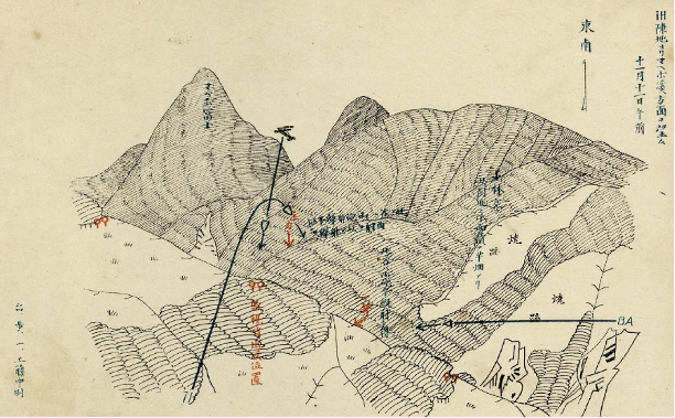 圖七 台灣步兵第一聯隊的工藤武中尉繪製的現場寫景圖，描繪飛機從空中投彈情形。（霧社討伐寫真帖）