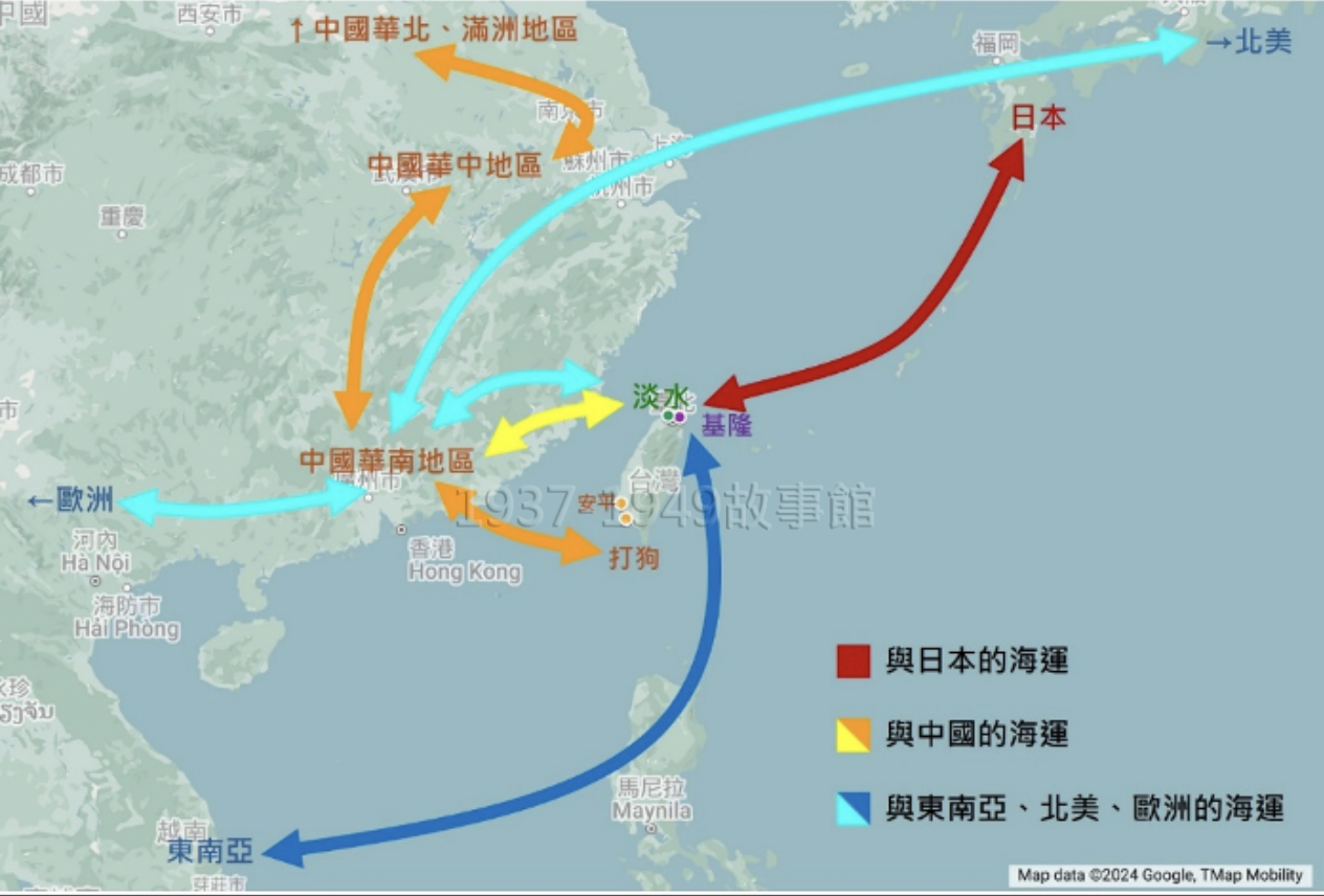 圖十二　日本殖民時期台灣海運航線示意圖。（羅國蓮以Google我的地圖加工製作）