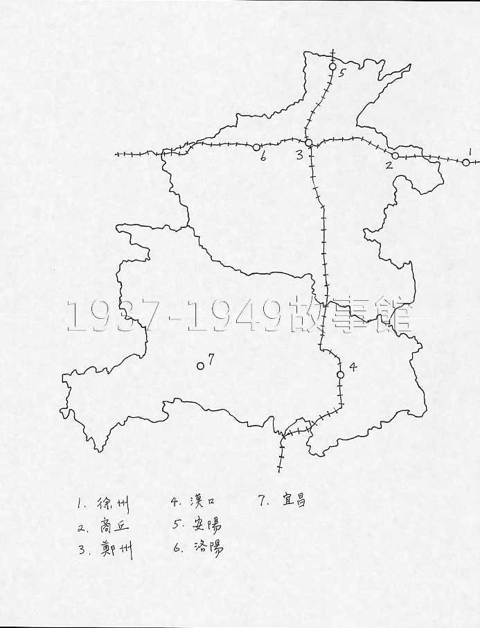 圖二 作者長子根據父親手稿所繪製的流亡路線圖，所畫的省分由上至下是河南、湖北。