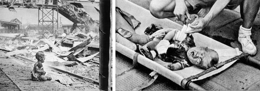 圖七、八　1937年8月28日，淞滬會戰期間，日軍出動多架轟炸機對上海進行戰略性轟炸。一名在轟炸後倖存、滿身鮮血的幼童，坐在上海南火車站的廢墟中嚎啕大哭，而後他在月台上接受了童子軍的急救與照護。（來源：維基共享資源1、2）